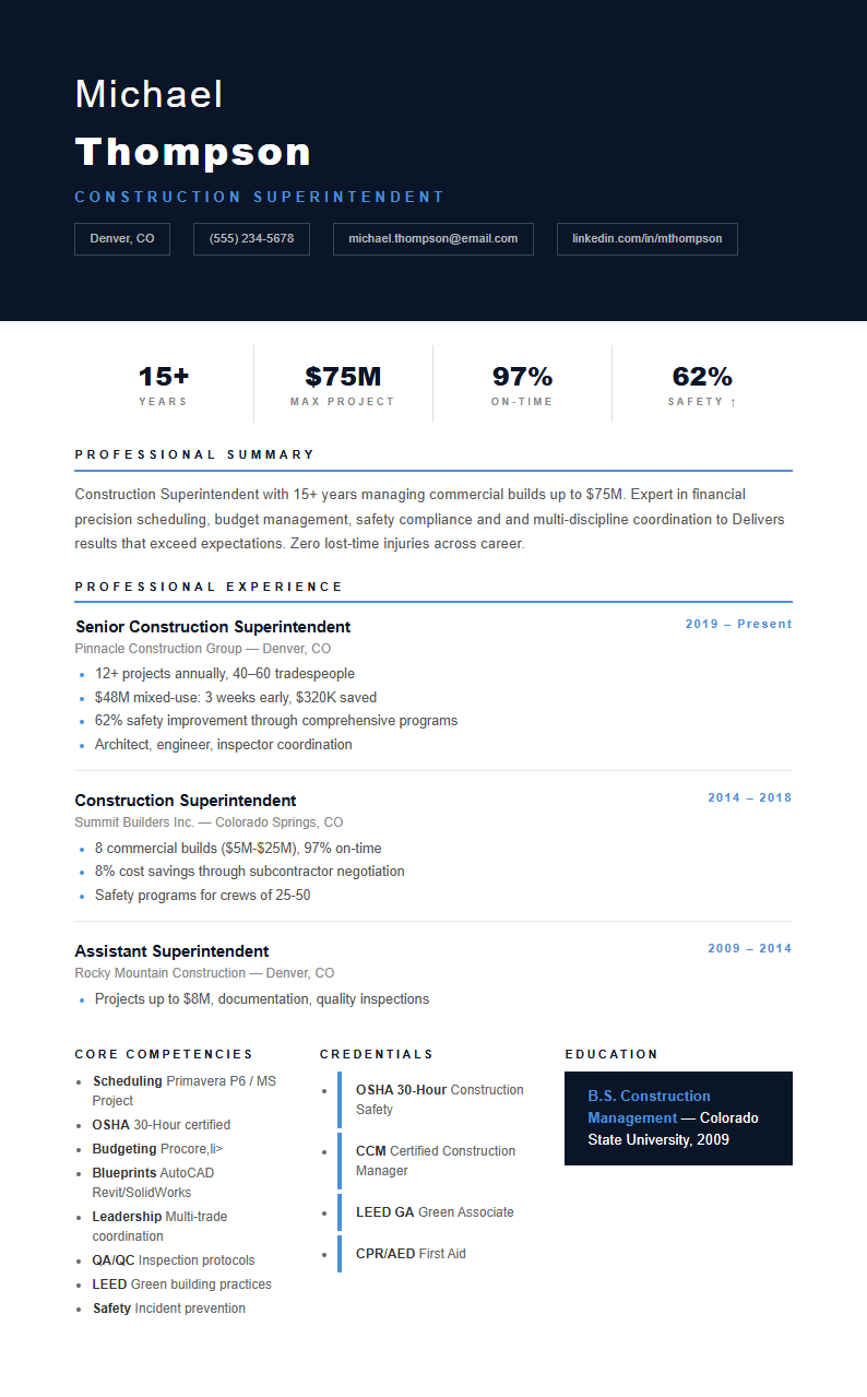 Precise Structured Construction Superintendent resume